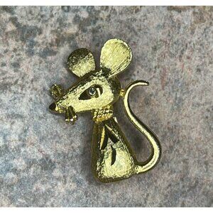 Vintage MAMSELLE Mouse Signed Brooch Pin Textured Brushed Gold Tone Etch